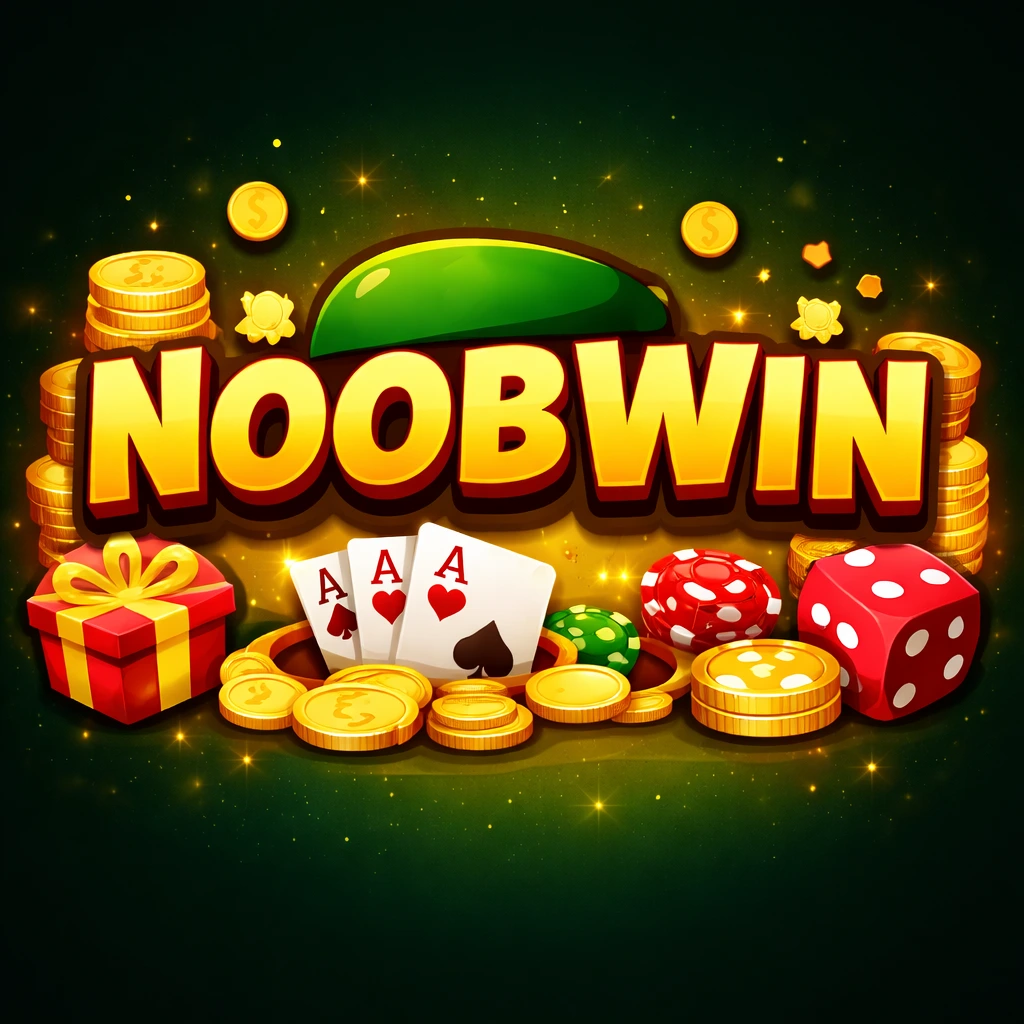 NoobWin Game logo featuring bold golden-yellow text with coins, poker cards, dice, and a gift box on a dark green background.