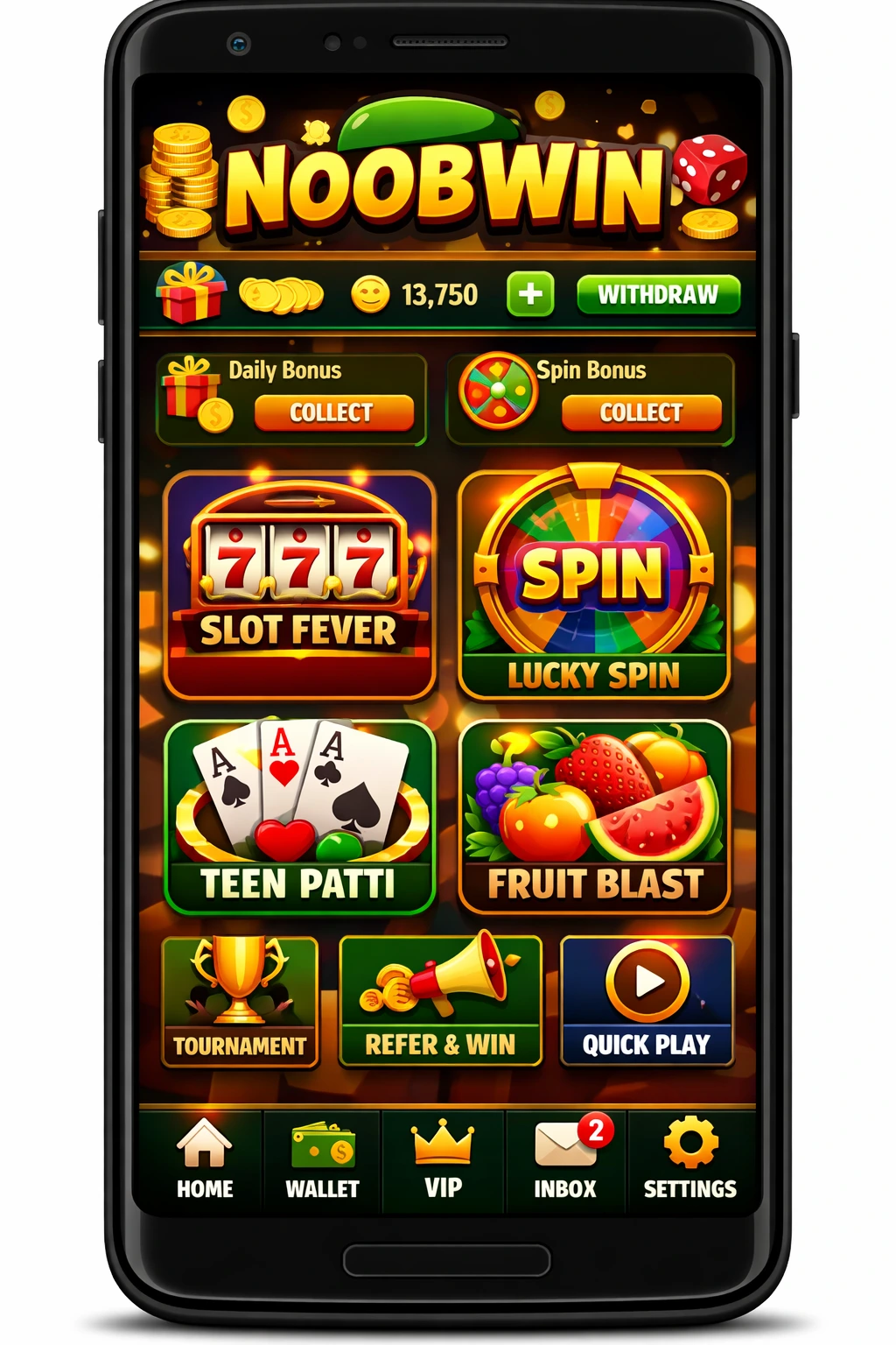 NoobWin Game Mobile App Interface